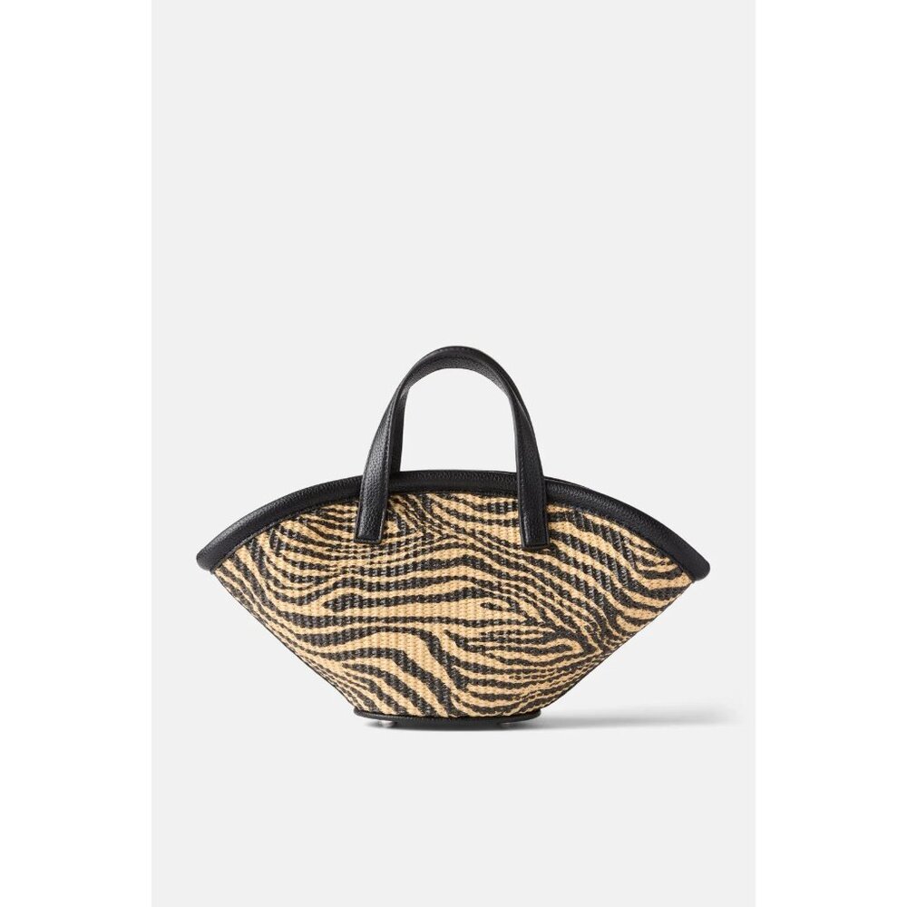 Woven Zebra-Print Tote Bag with Black Trim